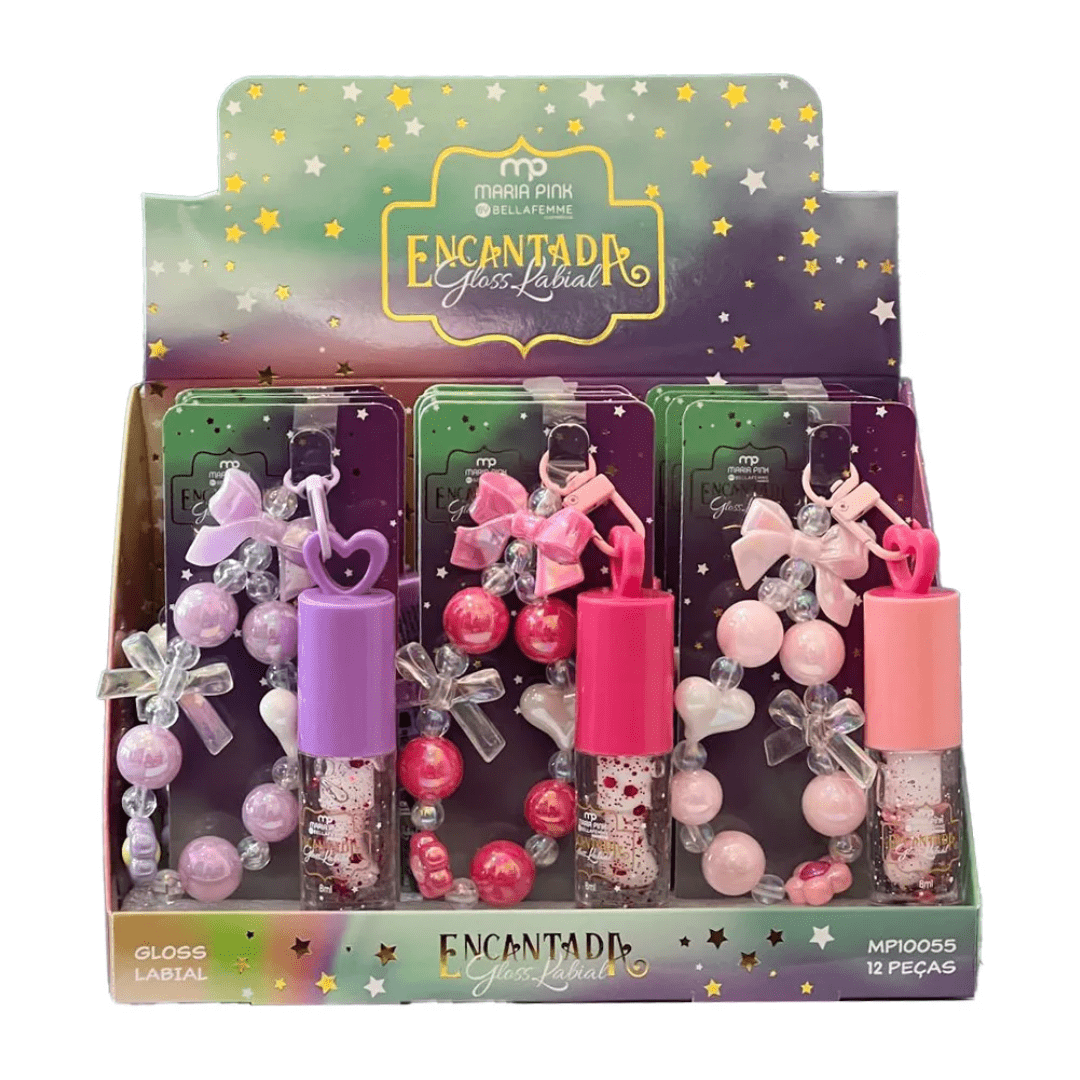 Gloss Labial Chaveiro Pulseira Maria Pink 3 pçs