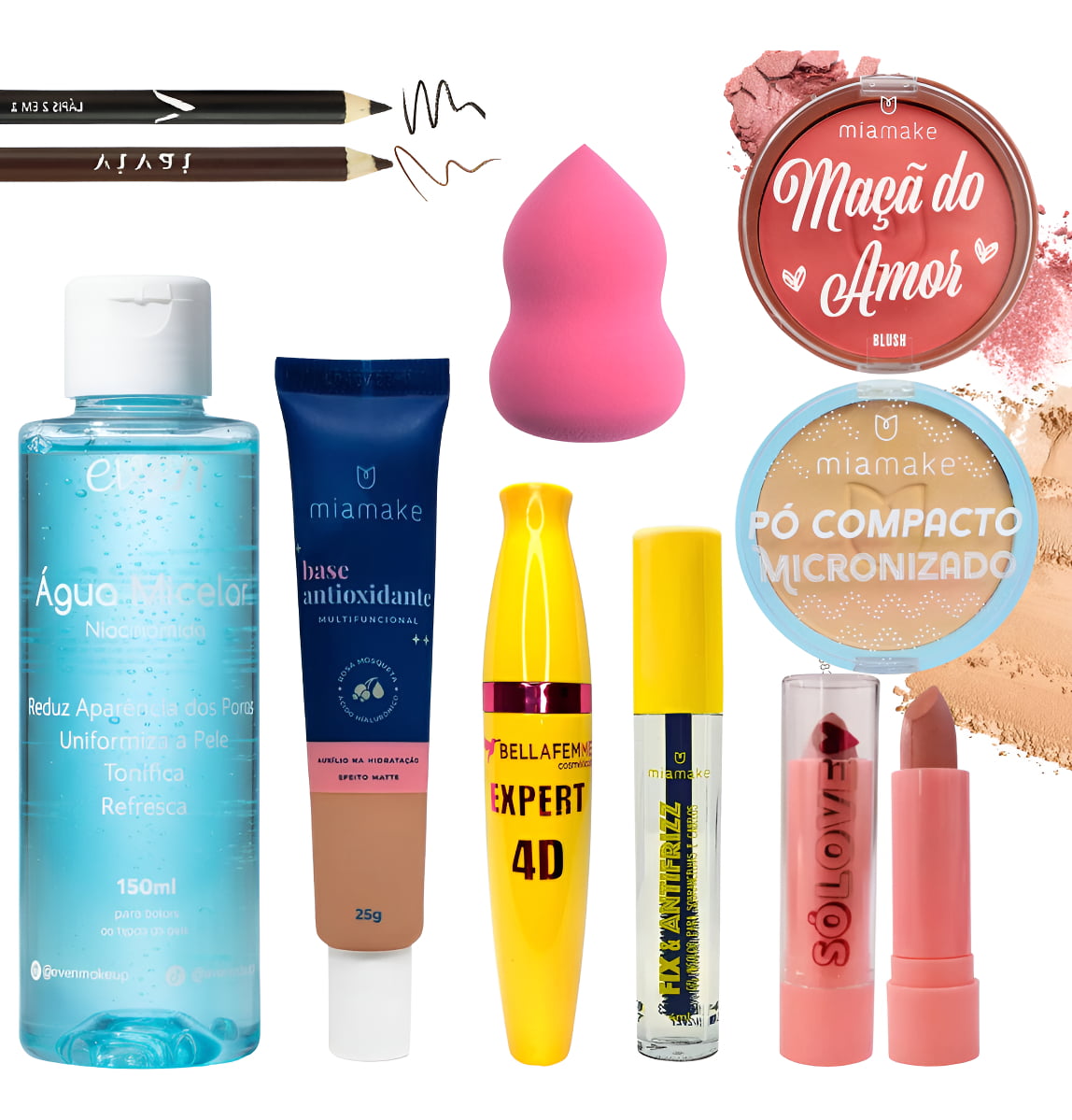 Kit De Maquiagem Batom Base Liquida Demaquilante Blush Rimel