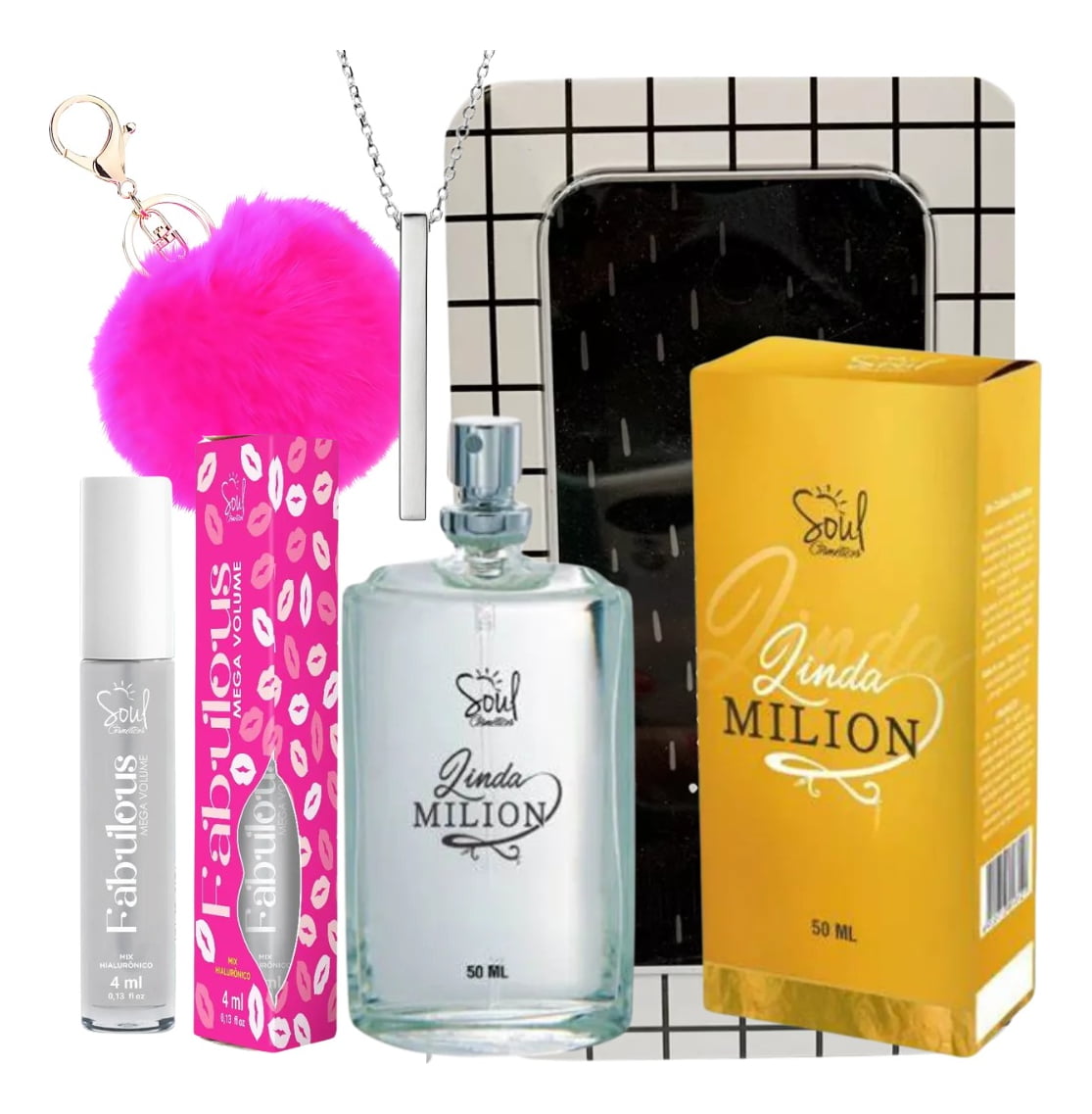 Kit Perfume Soul Na Lata De Presente Colar Gloss E Chaveiro