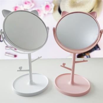 Espelho De Mesa Gatinho Com Porta Joias cor Branco