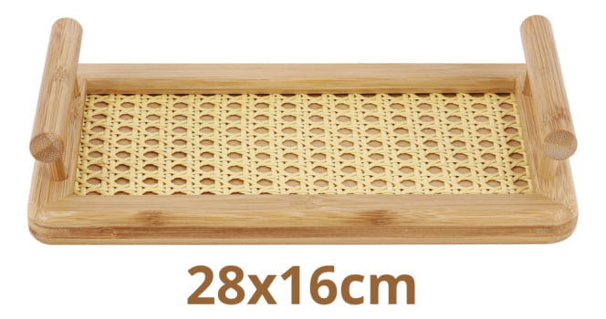 Bandeja De Bambu Com Alças E Fundo Em Treliça 28x16cm
