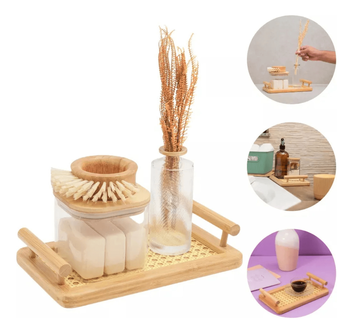 Bandeja De Bambu Com Alças E Fundo Em Treliça 33x21.5cm