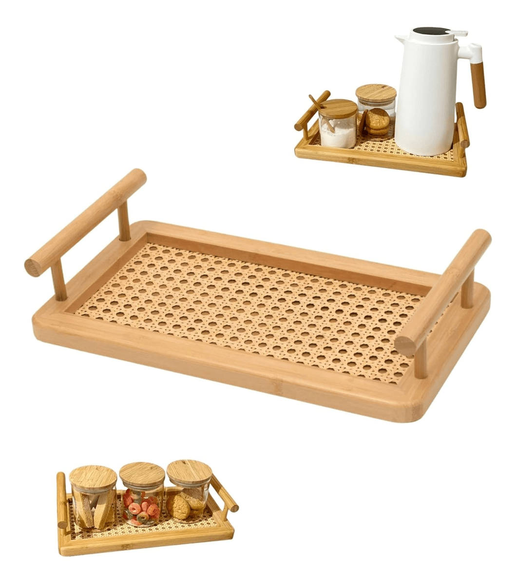 Bandeja De Bambu Com Alças E Fundo Em Treliça 33x21.5cm
