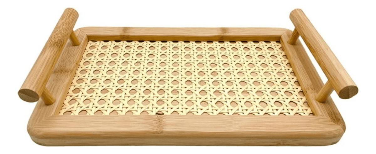Bandeja De Bambu Com Alças E Fundo Em Treliça 33x21.5cm