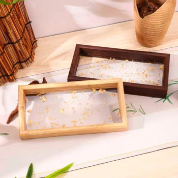 Bandeja Decorativa Retangular Com Folhas De Ouro 2 Cores