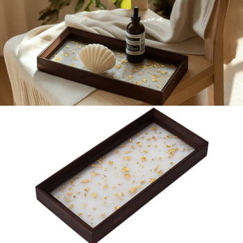 Bandeja Decorativa Retangular Com Folhas De Ouro 2 Cores