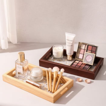 Bandeja Decorativa Retangular Com Folhas De Ouro 2 Cores