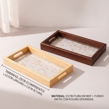 Bandeja Decorativa Retangular Com Folhas De Ouro 2 Cores