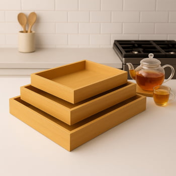 Kit 3 Bandeja Luxo Cozinha Madeira Retangular Decoração