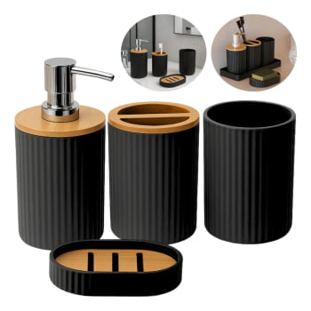 Kit Acessórios Banheiro Porta Sabonete Liquido 4pçs Bambu