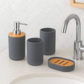 Kit Acessórios Banheiro Porta Sabonete Liquido 4pçs Bambu