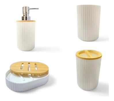Kit Acessórios Banheiro Porta Sabonete Liquido 4pçs Bambu