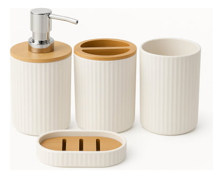 Kit Acessórios Banheiro Porta Sabonete Liquido 4pçs Bambu