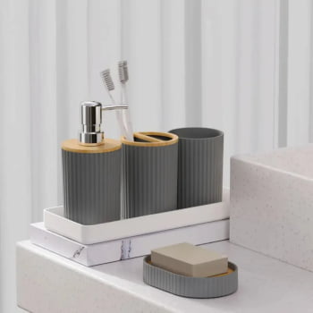 Kit Acessórios Banheiro Porta Sabonete Liquido 4pçs Bambu