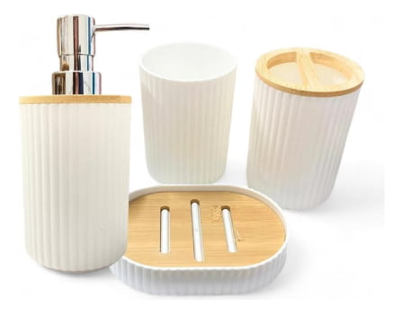 Kit Acessórios Banheiro Porta Sabonete Liquido 4pçs Bambu
