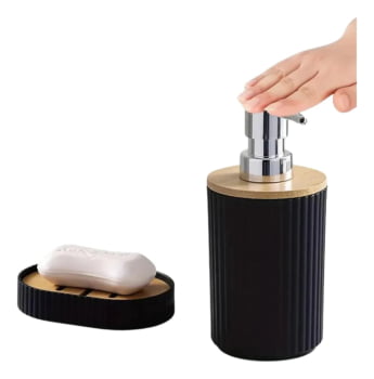 Kit Acessórios Banheiro Porta Sabonete Liquido 4pçs Bambu