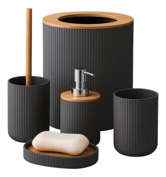 Kit Banheiro Moderno Bambu Com 5 Peças Lixeira Tampa