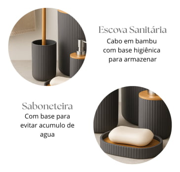 Kit Banheiro Moderno Bambu Com 5 Peças Lixeira Tampa