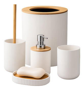 Kit Banheiro Moderno Bambu Com 5 Peças Lixeira Tampa