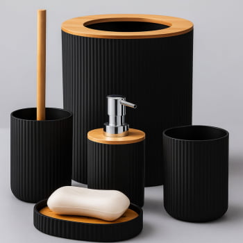 Kit Banheiro Moderno Bambu Com 5 Peças Lixeira Tampa