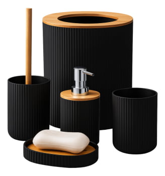 Kit Banheiro Moderno Bambu Com 5 Peças Lixeira Tampa