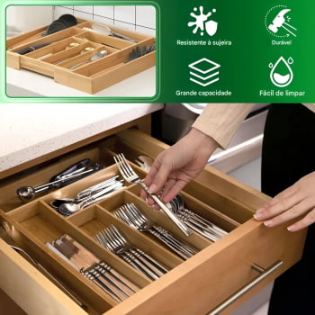 Porta Talheres Organizador Gaveta Extensível Bambu 7 Divisorias Faca Garfo Colher Porta Treco