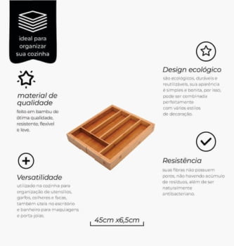 Porta Talheres Organizador Gaveta Extensível Bambu 7 Divisorias Faca Garfo Colher Porta Treco