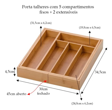 Porta Talheres Organizador Gaveta Extensível Bambu 7 Divisorias Faca Garfo Colher Porta Treco