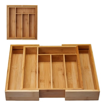 Porta Talheres Organizador Gaveta Extensível Bambu 7 Divisorias Faca Garfo Colher Porta Treco