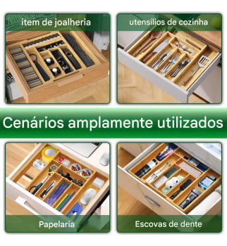 Porta Talheres Organizador Gaveta Extensível Bambu 7 Divisorias Faca Garfo Colher Porta Treco