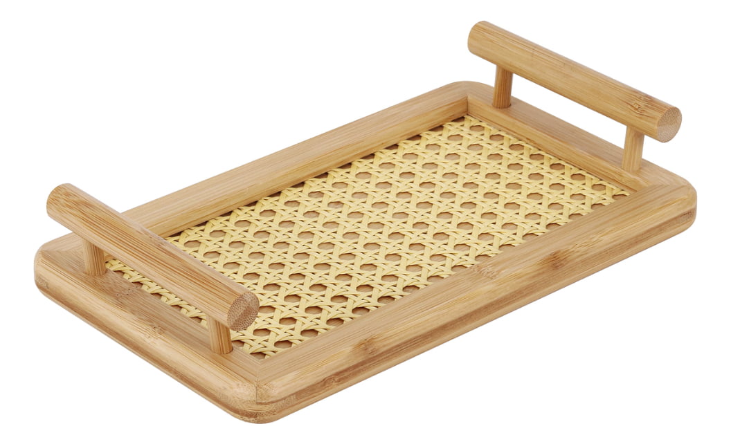 Bandeja De Bambu Com Alças E Fundo Em Treliça 28x16cm