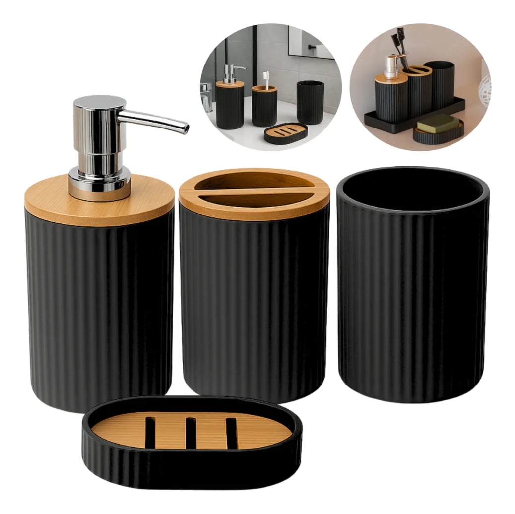 Kit Acessórios Banheiro Porta Sabonete Liquido 4pçs Bambu