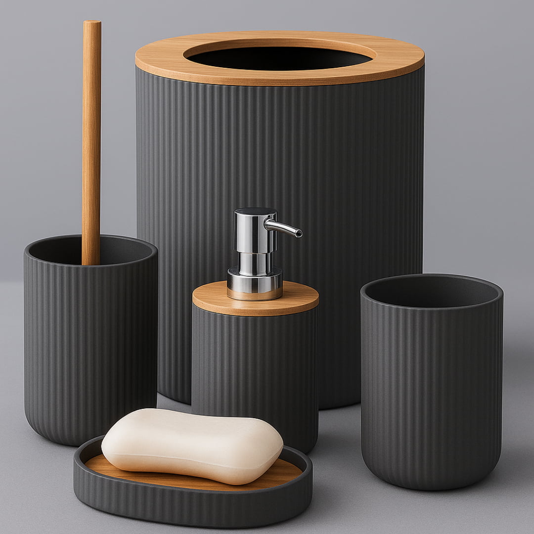 Kit Banheiro Moderno Bambu Com 5 Peças Lixeira Tampa